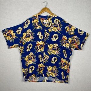 Vtg Pineapple Juice Button Up Mens XL Short Sleeve Ukulele Hawaiian Cabana Camp